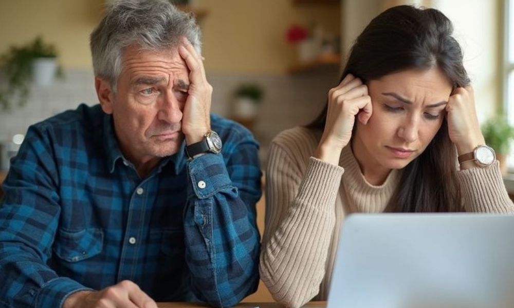 An old men and a young lady looking stressed