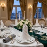 banquet table with glass plates, spoons, and napkins